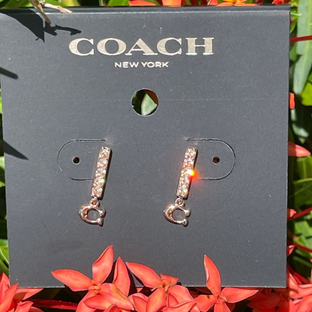 COACH Signature C Pave Bar Stud Earrings in Rose Gold - Picture 5 of 16